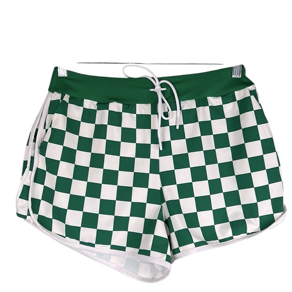 80's Style Summer Drawstring Green & White Checked Summer Shorts Size XL - Picture 1 of 5